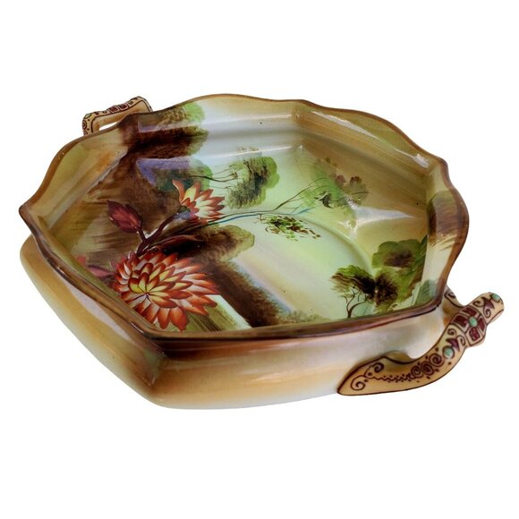 Noritake Bowl Made in Japan Hand Painted 6 Sided Hexagon 2 Handled Scenic - Picture 10 of 10